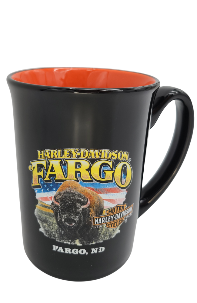 H-D OF FARGO ND CERAMIC COFFEE MUG BLACK  GLOSSY