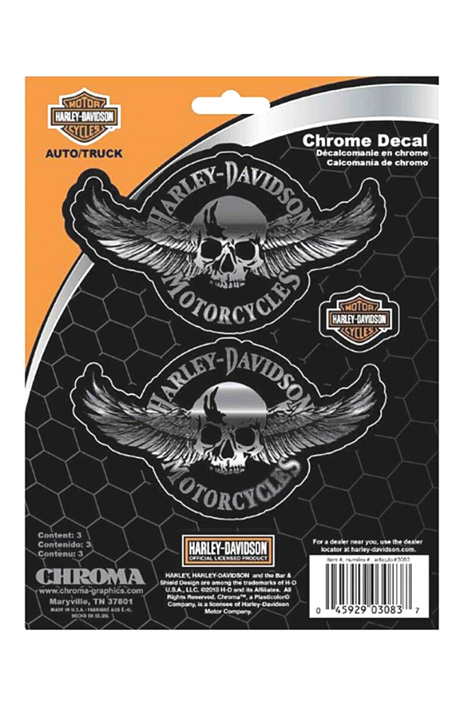 H-D EMBOSSED WINGED SKULLS CHROME DECALS 3 PACK 6 X 8 IN